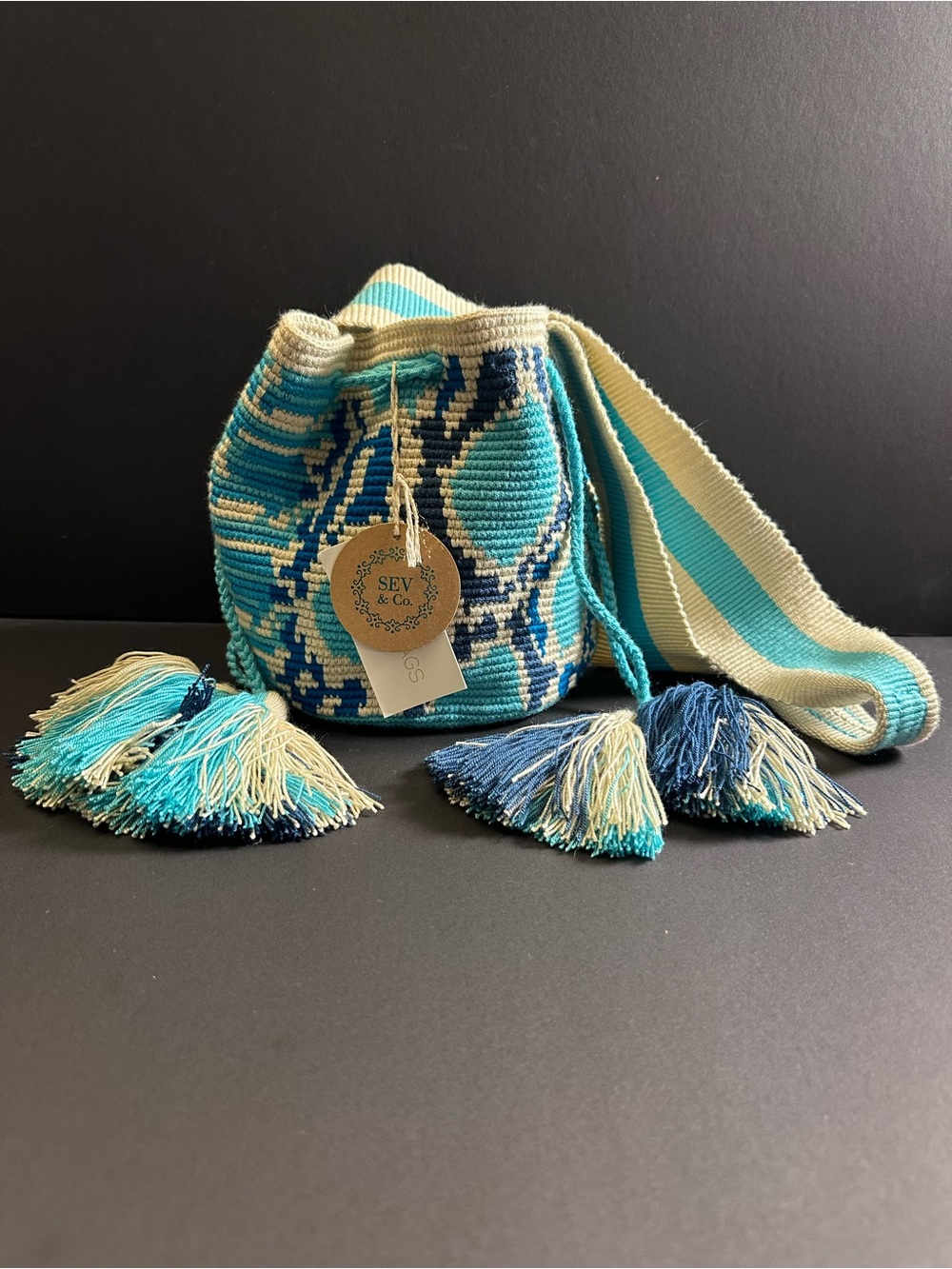 NWT SEV & Co. Woven Tassel Bucket Bag – Turquoise Boho Style